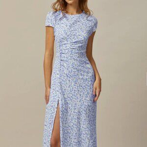 Rihoas Small The Blue Round Neck Floral Slit Midi Dress